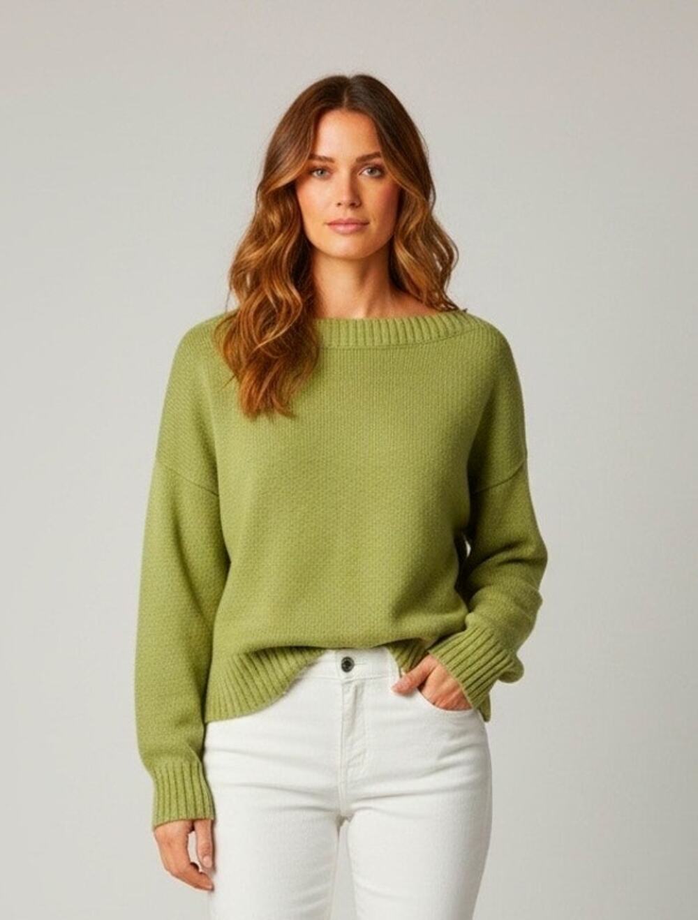 LOFT Olive Green Boatneck Drop Shoulder Knit Cropped Sweater Size L Minimal Cozy